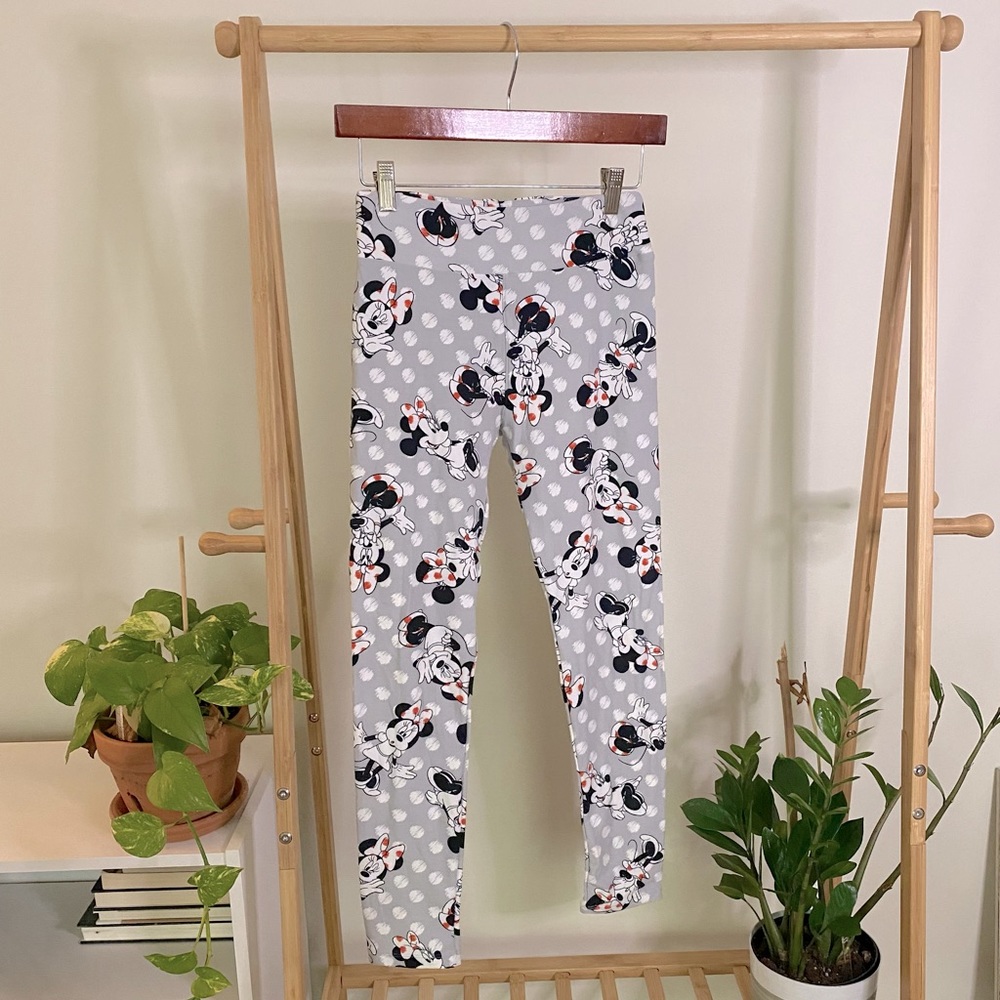 LuLaRoe Minnie Mouse Leggings Grey Polka Dot Red Bow, One Size OS Stretch Disney